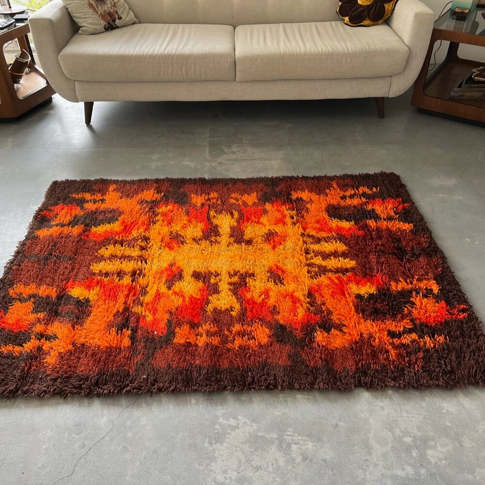 70's THOR Rorschach Bold Geometry Contemporary UNUSED Brown Rya Rug Mid Century - Picture 5 of 9